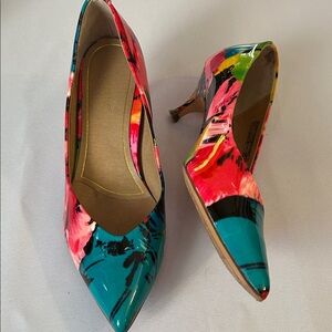 Vionic Comfort Fashion Kitten Heels Colorful Abstract Floral Leather 7.5 EUC